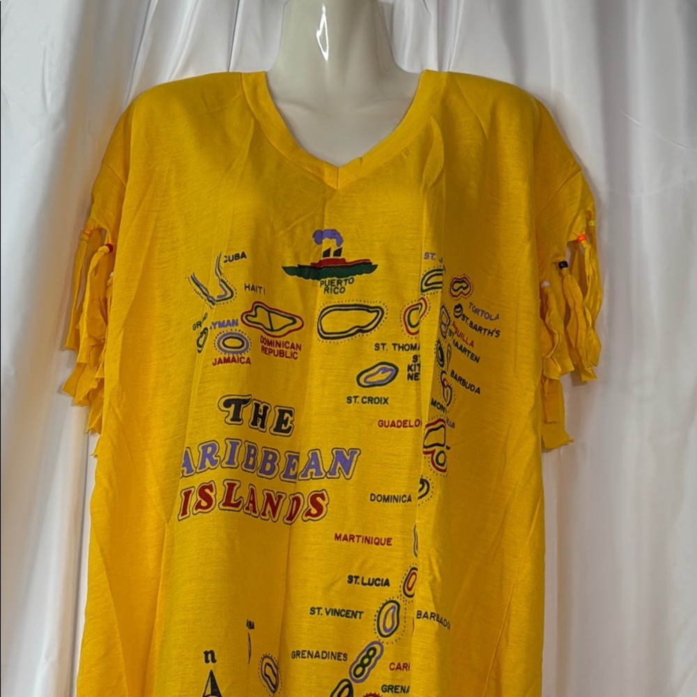 Caribbean Yellow Fringe Dress with Island Graphics - Picture 6 of 9